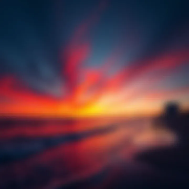A peaceful scene of Atlantic Beach at dusk with waves gently lapping at the shore and a colorful sunset in the sky.