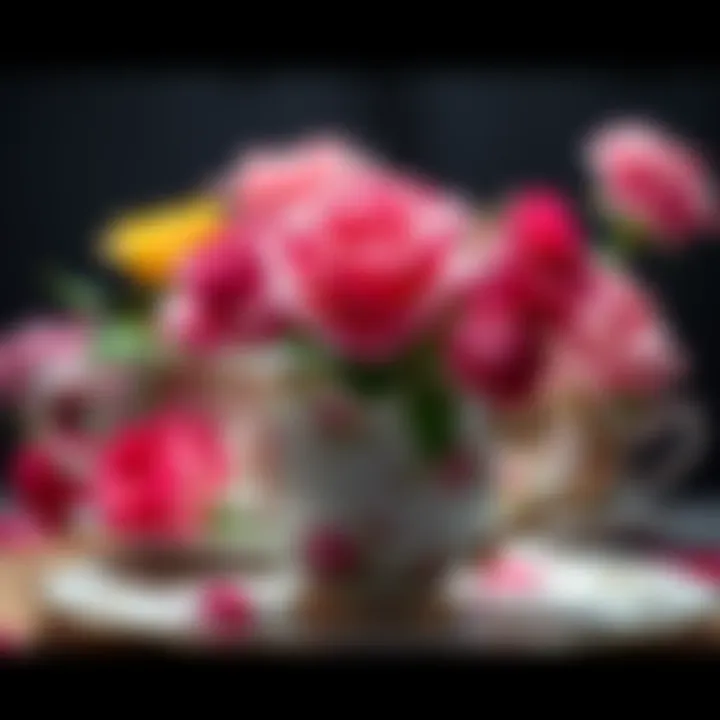 Colorful ever-blooming roses arranged in various enchanted teacups, showcasing a unique floral display for home decor.