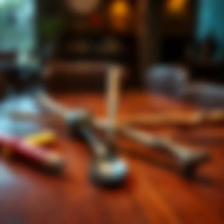 A collection of unusual household items being used as magic wands, including a pencil, a spoon, and a branch, on a wooden table.