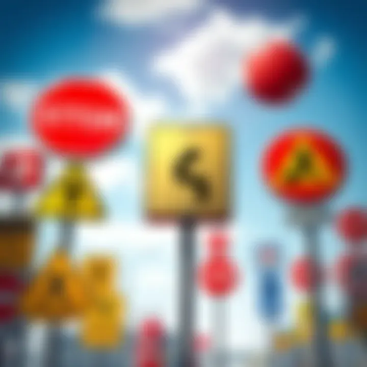 A collection of common signs and symbols, including caution signs, road signs, and emojis, representing their meanings in daily life.
