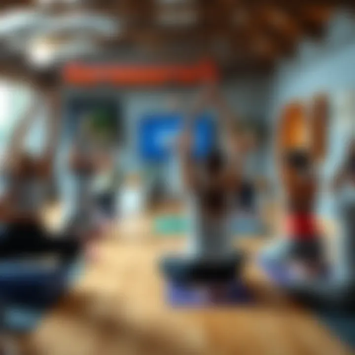 A diverse group of people practicing yoga in a real studio with an instructor guiding them