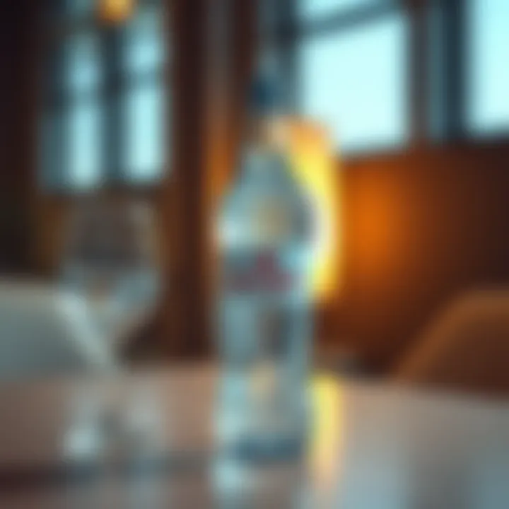 A close-up of an Evian water bottle placed on a table with a glass of water beside it, showcasing the brand's logo