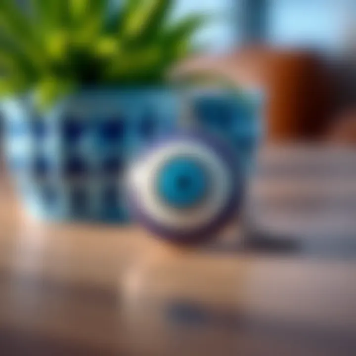 A close-up of a decorative evil eye charm, featuring blue and white colors, sitting on a table with some plants in the background.