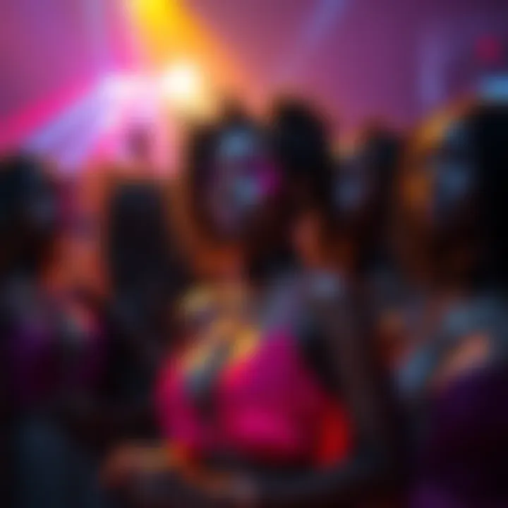 A lively event showcasing the new Evil Lightskin, with mixed and black girls enjoying vibrant visuals and music together.