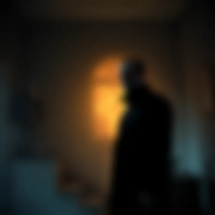 A man in dark clothing stands in a dimly lit room, with ghostly shadows nearby, hinting at supernatural occurrences.