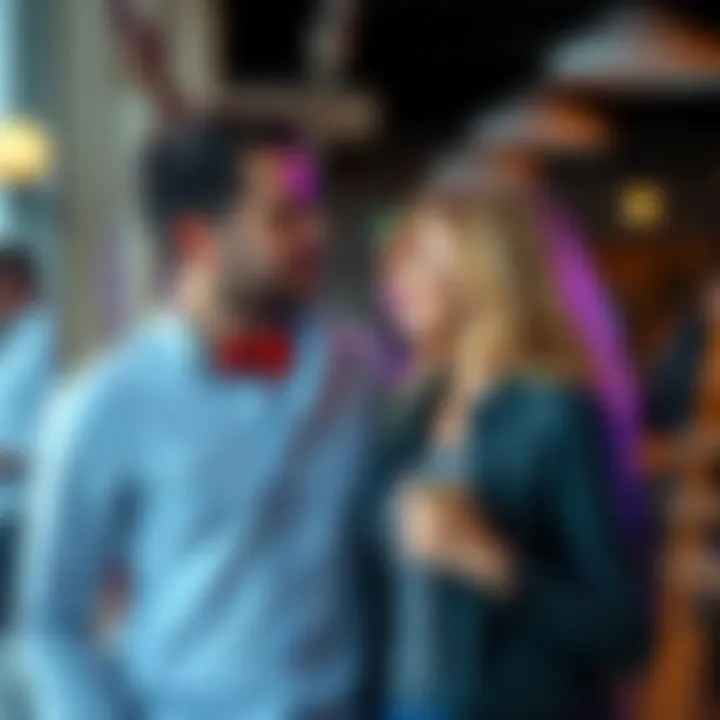 A man and woman standing close together in a casual setting, possibly at a workplace, looking friendly and engaged in conversation.