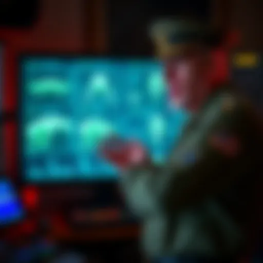 A former military intelligence officer stands in front of a digital screen showing alien images and technology blueprints, expressing concerns about extraterrestrial threats.