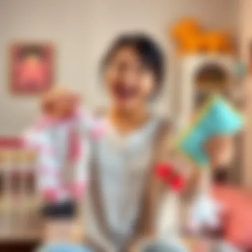 A joyful parent holds baby clothes and toys, showcasing excitement for their upcoming 1/3 manifestor baby, surrounded by colorful nursery decor.