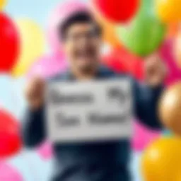 A happy parent holding a sign that says 'Guess My Son's Name!' with a big smile, surrounded by colorful balloons