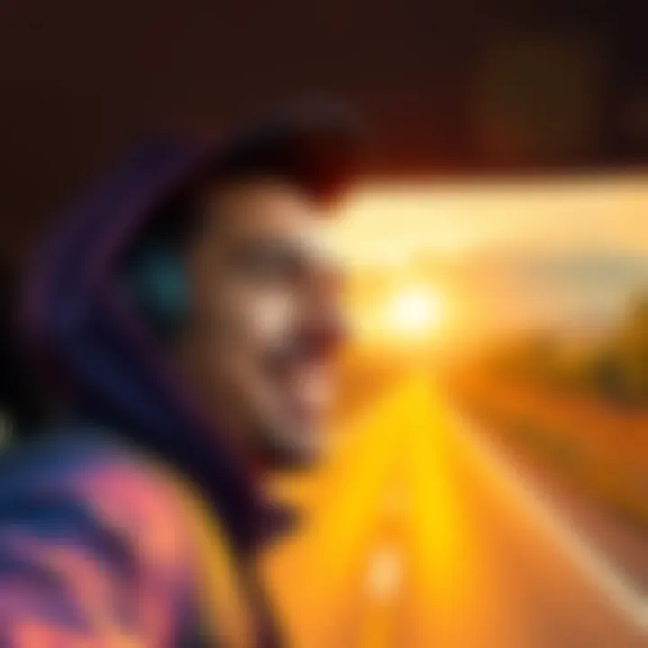 Exciting Adventure Ahead A person with a cheerful expression prepares for an exciting journey, showcasing a scenic road ahead with vibrant colors