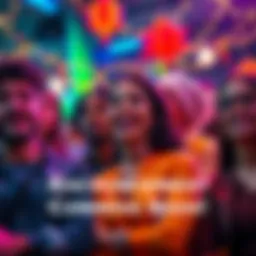 Exciting Announcement Coming Soon A group of diverse people looking excited and engaged while waiting for news, with bright colors and festive decorations around them.