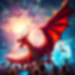 A vibrant dragon soaring in the sky, surrounded by excited fans celebrating the announcement on social media.