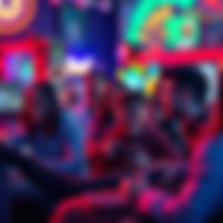 A lively group of people playing video games together, showing diverse gaming setups and engaging interactions