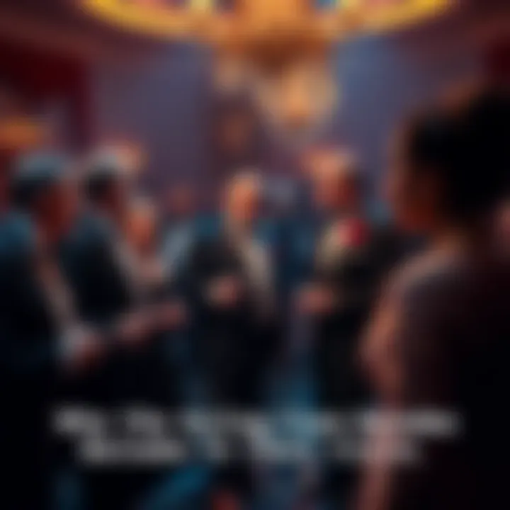 A group of wealthy individuals in formal attire, standing together at a lavish party, while others look on from a distance, emphasizing the divide between social classes.