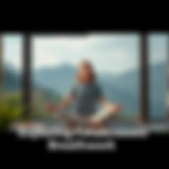 A person sitting cross-legged, focusing on exhalation with closed eyes and relaxed posture, surrounded by calming nature elements.