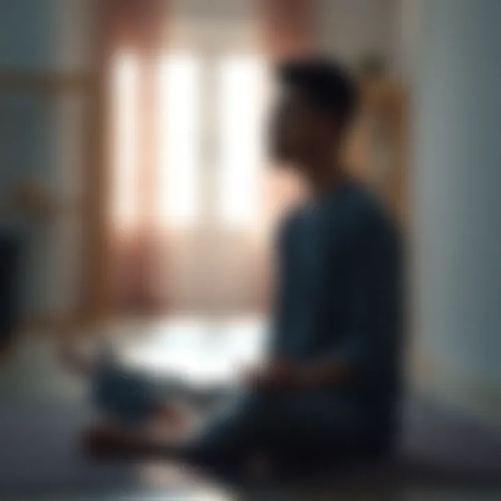 A person sitting cross-legged, looking tired while meditating in a serene environment with soft lighting.