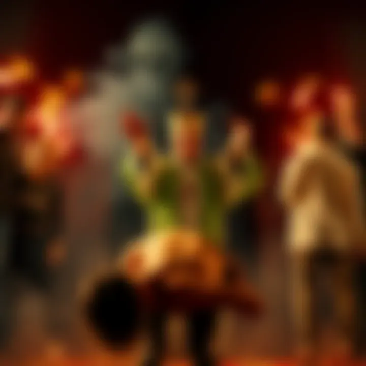 A scene depicting an exorcism with a priest performing rituals, surrounded by onlookers and a person in distress, evoking a sense of tension and fear.