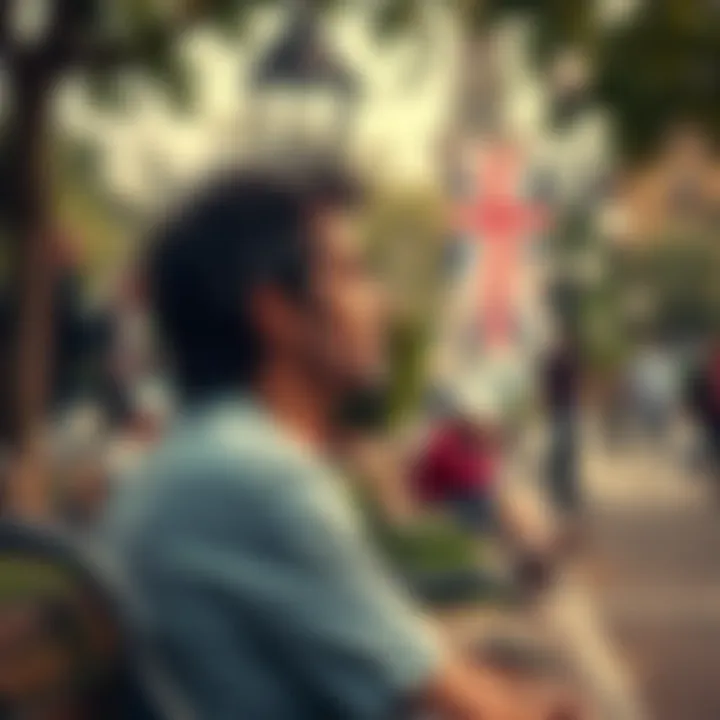 Expats reflecting on England An expat sitting on a park bench, looking pensive as they watch people in England, showing feelings of discontent and longing for home
