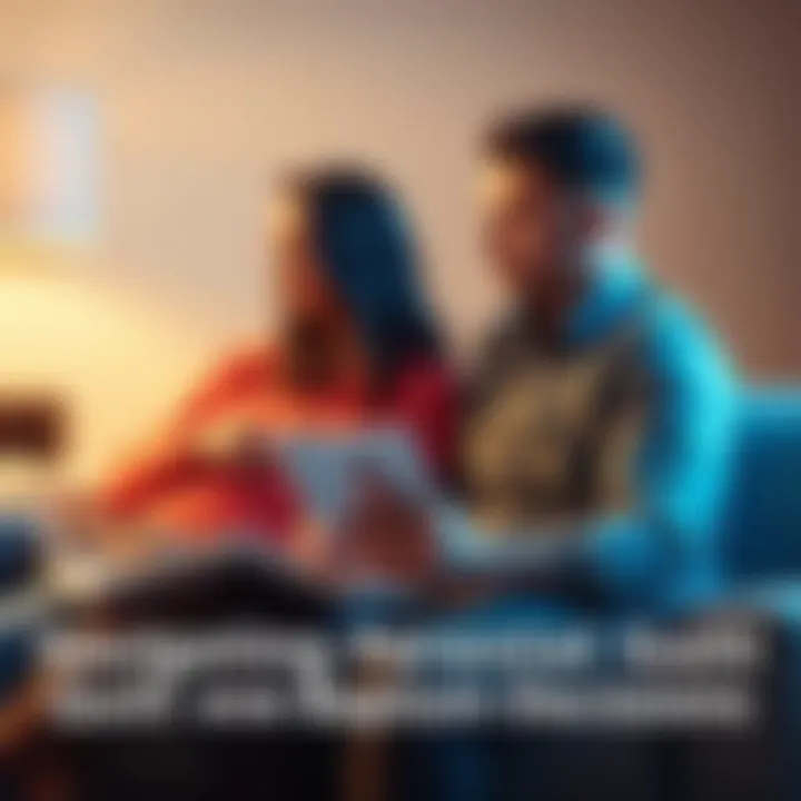 A couple sits together with a baby book and a family photo, appearing thoughtful as they discuss baptism options for their children, reflecting on family traditions and personal beliefs.