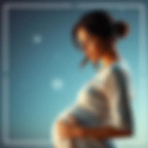 A pregnant woman looking at her horary astrology chart with a thoughtful expression, surrounded by astrological symbols and a calming background.