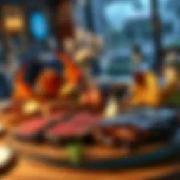 A lavish spread of king crab and ribeye steaks on a dining table, symbolizing high spending