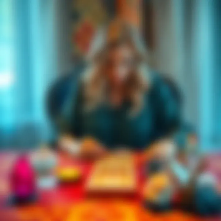 A skilled psychic sits at a table with tarot cards and crystals, inviting people for readings to gain spiritual insights.
