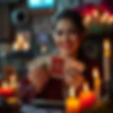A friendly reader holding tarot cards, smiling and welcoming people for free readings, surrounded by candles and a mystical atmosphere.