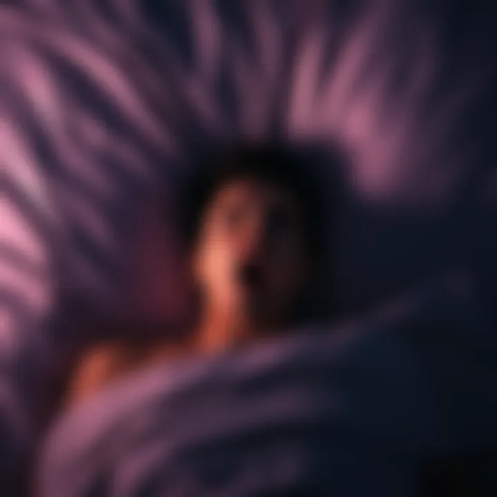 Person experiencing night terror A person lying in bed with a startled expression, surrounded by swirling dark shadows, representing the fear of Exploding Head Syndrome during sleep.