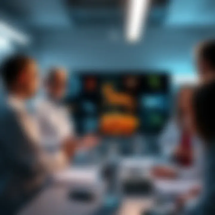 A group of scientists in a lab discussing non-human life forms, with images of animals, insects, and microbes on a screen.