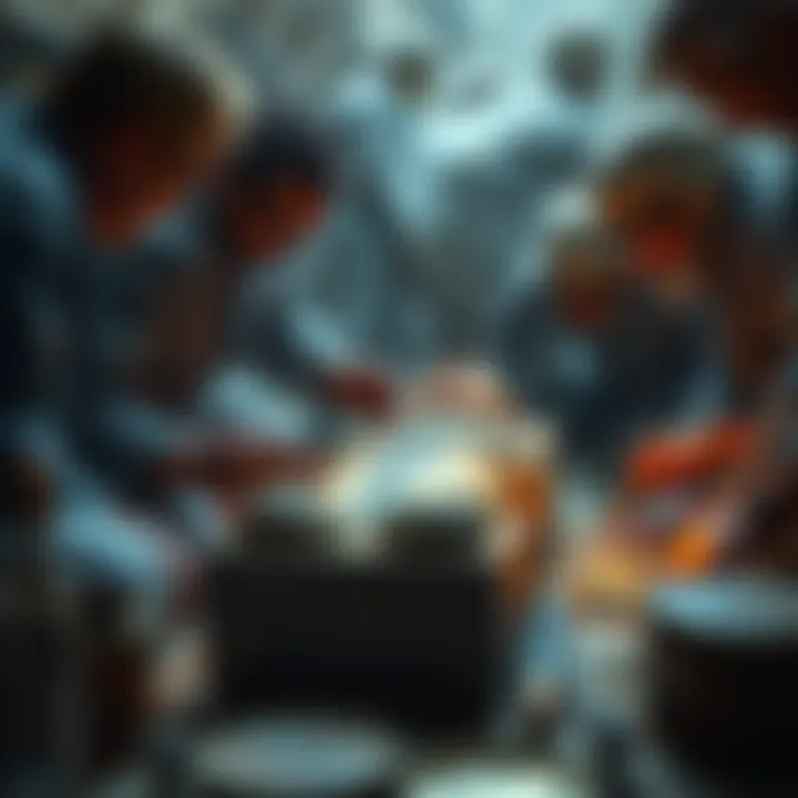 A team of archaeologists carefully opening an ancient Egyptian mummy coffin, revealing its contents for the first time, surrounded by tools and artifacts.