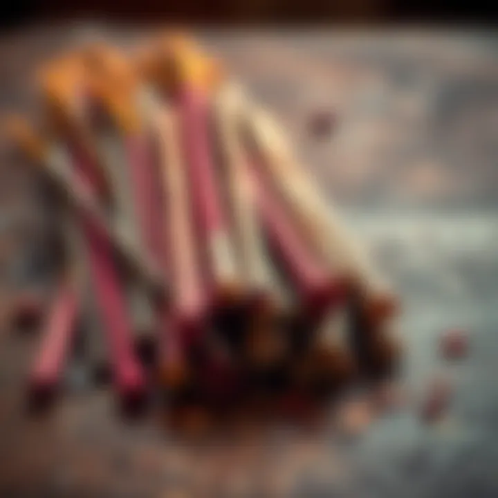 An assortment of old incense sticks showing signs of deterioration, including faded colors and broken pieces, placed on a rustic wooden table.