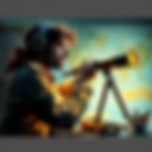 A scientist looking through a telescope, surrounded by maps and tools, representing the spirit of exploration and new findings.