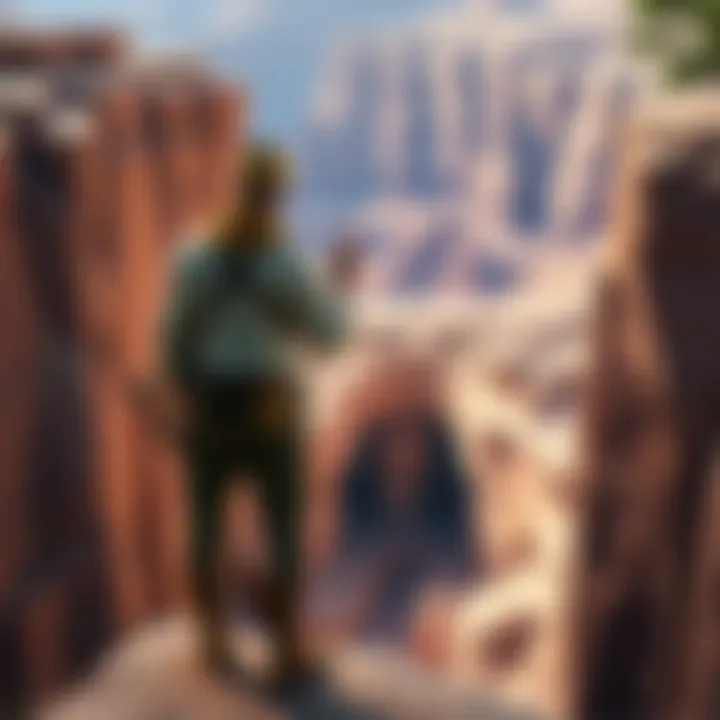 A man resembling explorer Kincaid stands at the edge of the Grand Canyon, gazing towards a rocky entrance that suggests an ancient tomb.