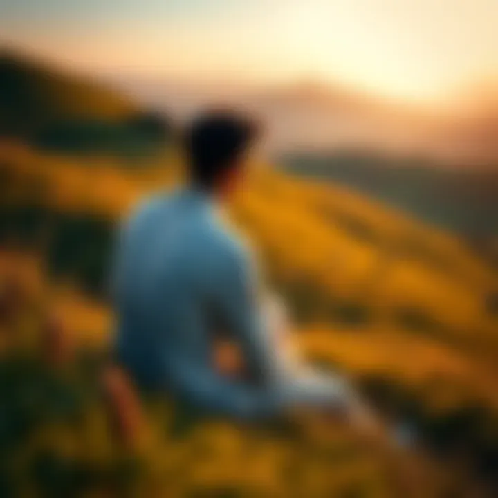 A person sitting on a grassy hill, looking contemplatively into the distance, symbolizing self-reflection on sexuality and personal growth.