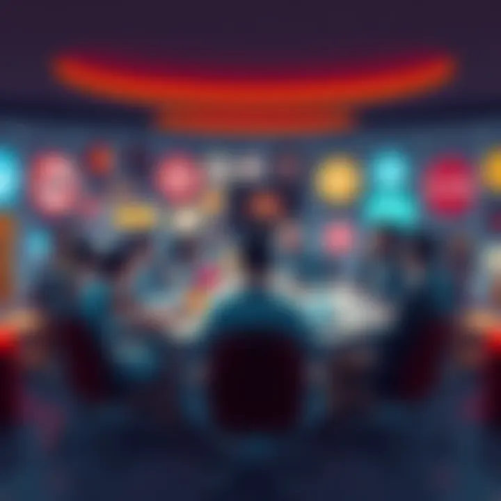 A group of people discussing different signs and symbols at a round table with various images around them.