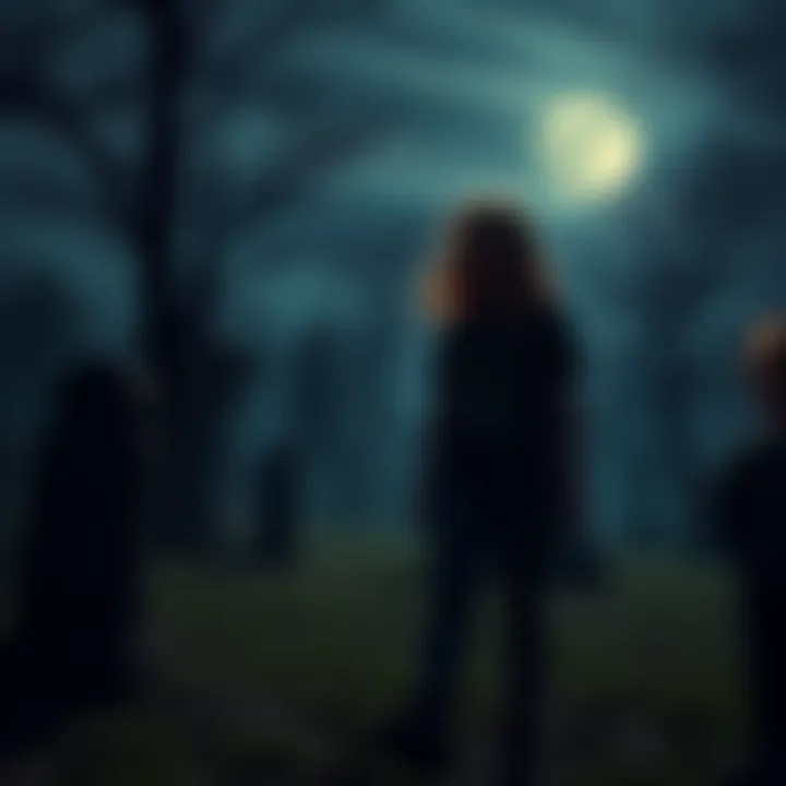 Sam and Collby walking through the spooky Veal Cemetery in Schenectady, NY, surrounded by old tombstones and trees under a moonlit sky.