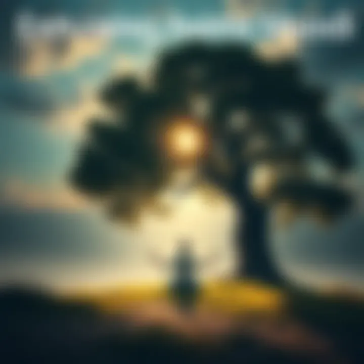 A serene landscape with a person meditating under a tree, symbolizing connection to the soul of the world and personal growth.
