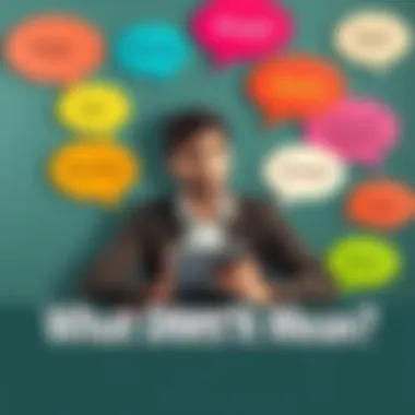 A person sits at a table with a notepad, looking puzzled while considering different phrases and their meanings, surrounded by colorful speech bubbles with idioms and slang, representing conversation.