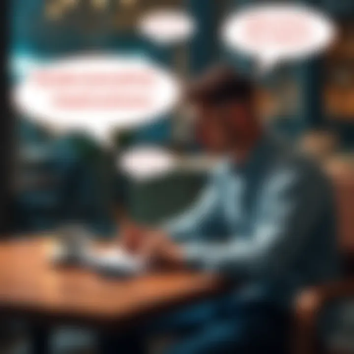 A person sitting at a table with a notebook and coffee, reflecting on conversation phrases with speech bubbles around them