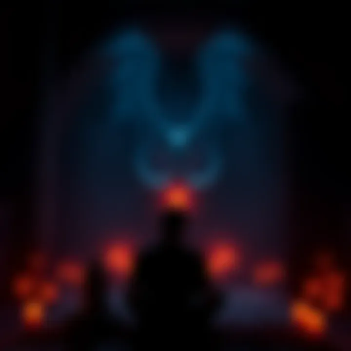 Person pondering dark connections Individual sits in a dimly lit room, contemplating the differences between Satan and Lucifer, with candles illuminating the space.