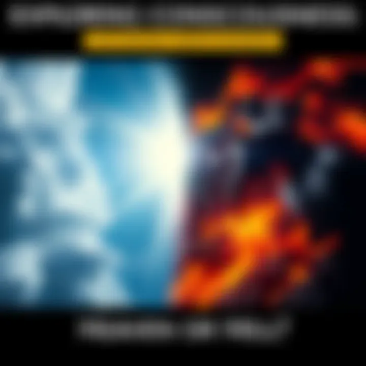 A split scene showing a bright, serene heaven on one side with clouds and light, and a dark, chaotic hell on the other with flames and shadows, symbolizing contrasting states of consciousness.