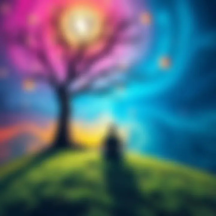 Exploring Consciousness A serene scene depicting a person meditating under a tree, surrounded by swirling colors representing consciousness and reality.