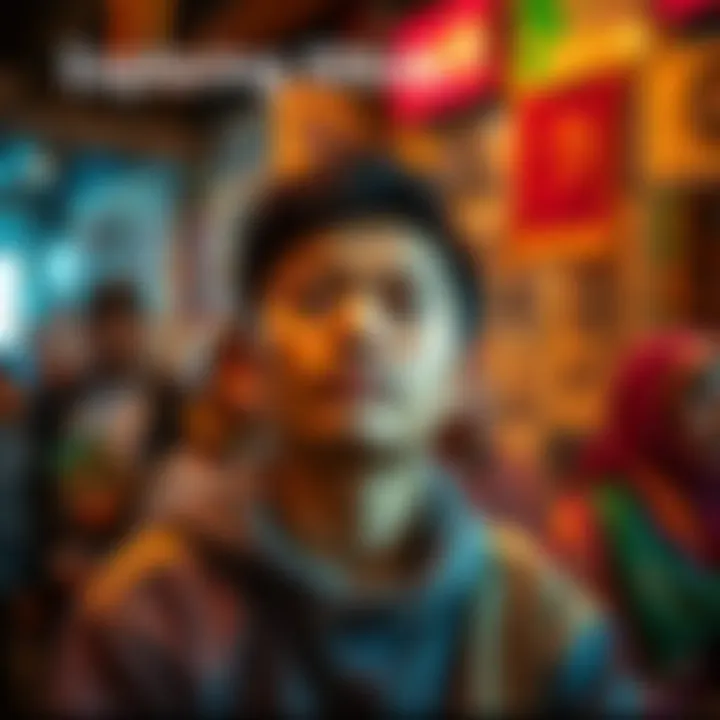 A person reflecting on their ethnicity journey in a community setting, showing emotional expression and cultural symbols around them.