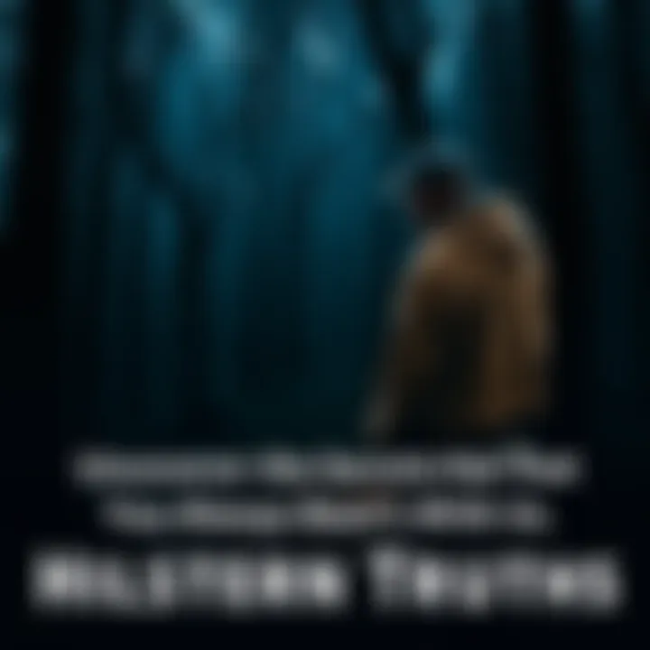 A person standing at the edge of a dark forest, looking into the shadows, symbolizing the search for hidden truths in history.