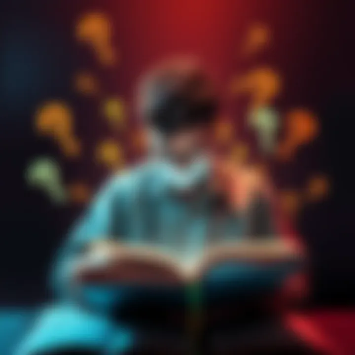 A person reading a book surrounded by question marks, representing curiosity and the pursuit of learning.