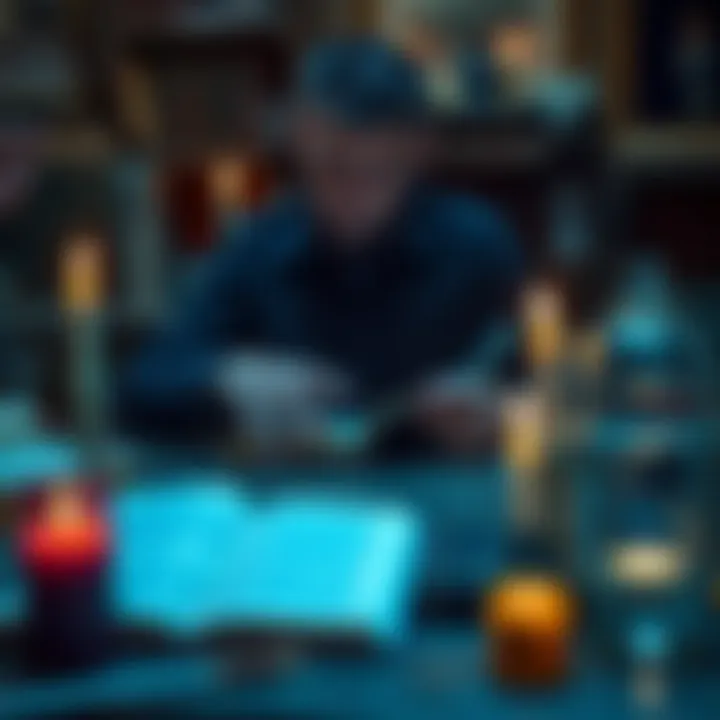 A person researching spells with books and candles on a table