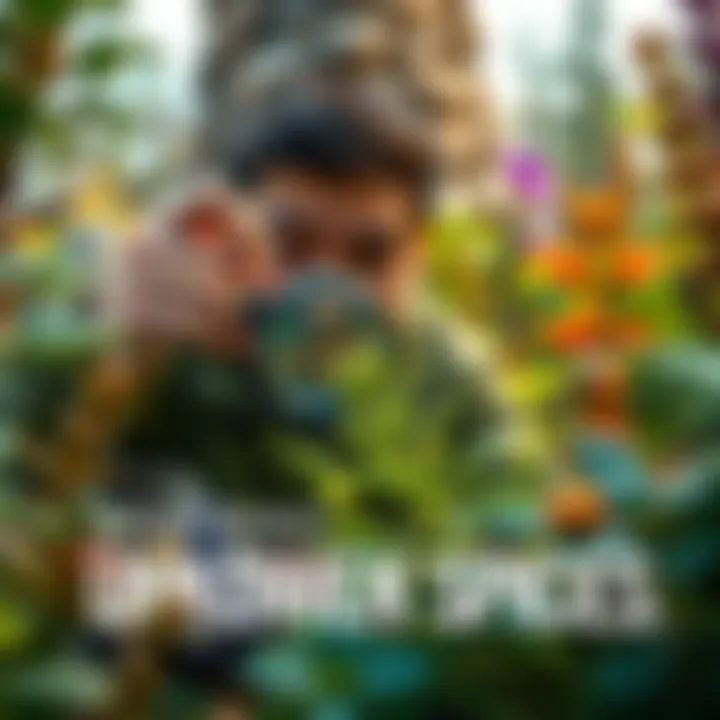 Exploring Nature's Unknown Species A person examining a plant under a magnifying glass, surrounded by various plants and insects in a natural setting.