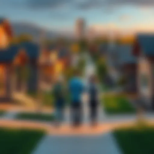 People walking through a Denver neighborhood, looking at homes and discussing living options.