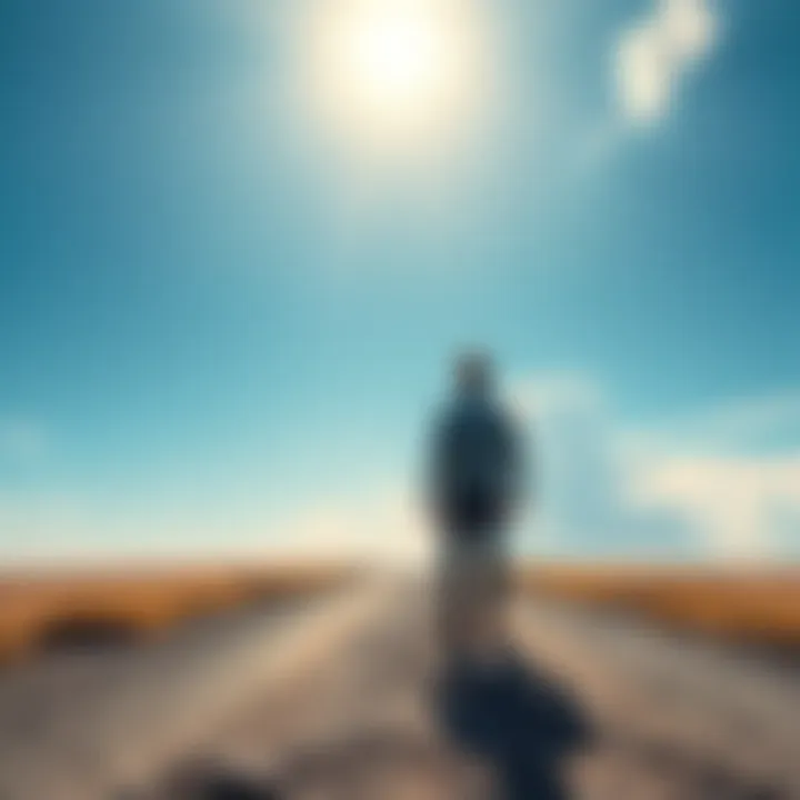 A person standing at a crossroads, looking towards two distinct paths representing Current Reality and Desired Reality, with a bright sky above.