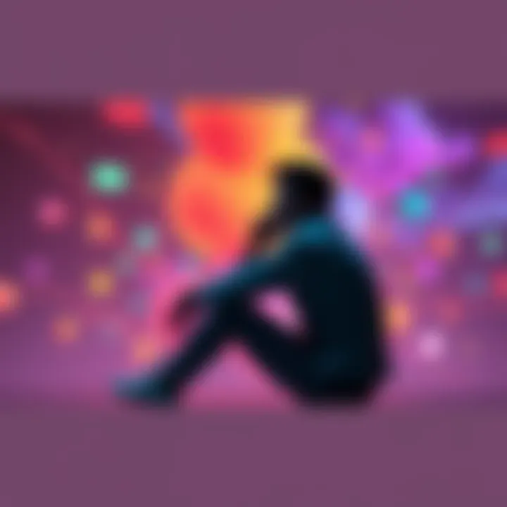 A person sitting and thinking deeply, with a projection of abstract shapes and colors around them, symbolizing thoughts about reality and existence.